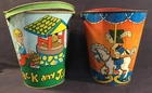 2 OHIO ART TIN SAND PAIL 50's Jack & Jill & Carousel Children Litho Metal Bucket