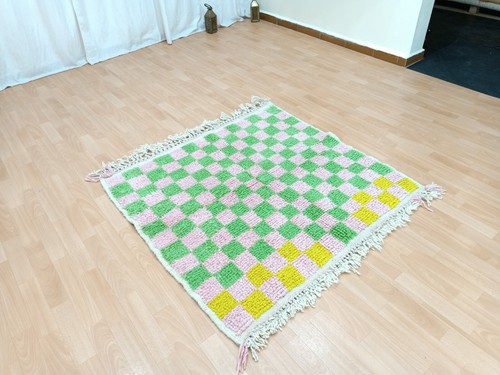 4x4 Area Checkerboard Berber Moroccan Rug Green Pink Yellow Handmade Wool Carpet - Picture 6 of 14