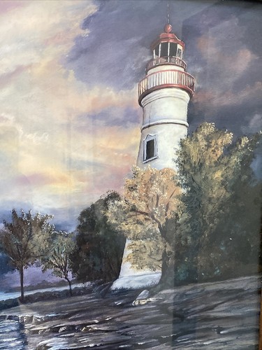 Schöner lebendiger Leuchtturmdruck signiert J Nikka, Glasrahmen - Bild 3 von 8