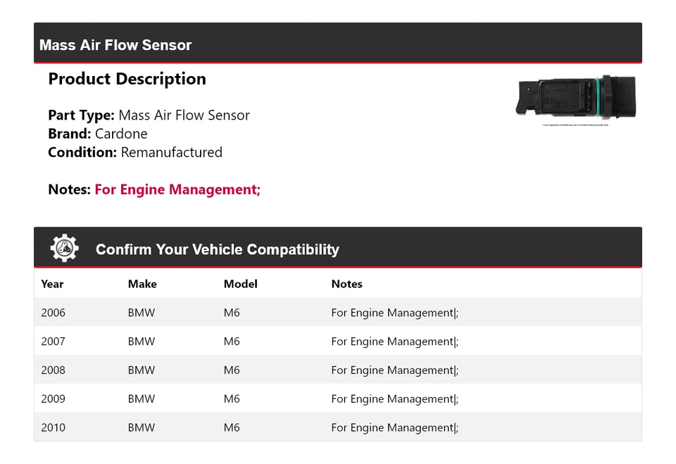 Sensor de flujo de aire másico Cardone 2007 2008 2009 para BMW M6 2006-2010 Foto 2 de 4