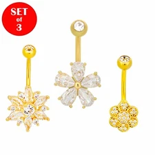 All Flower Design Surgical Steel in Gold Color Belly Rings - Set of 3
