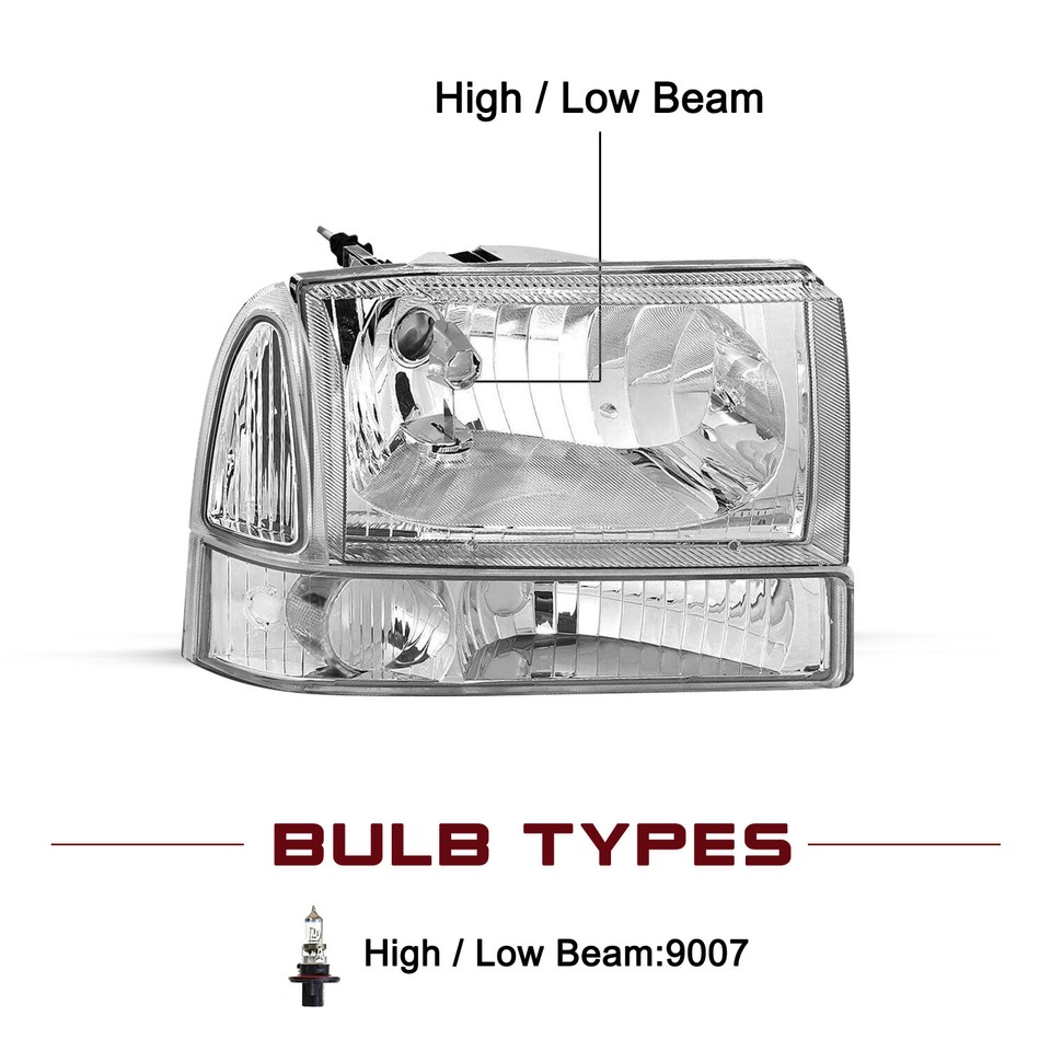 4pc Clear Halogen Headlights – 1999-2004 Ford Super Duty F250/F350/F450/F550 & 00-04 Excursion