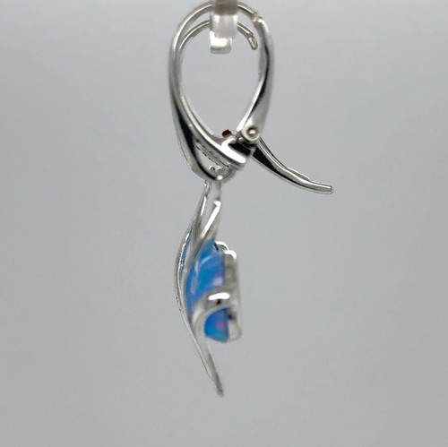 925 Sterling Silver - Oval Blue Fire Opal Swirl Dangle Leverback Earrings - Picture 7 of 7
