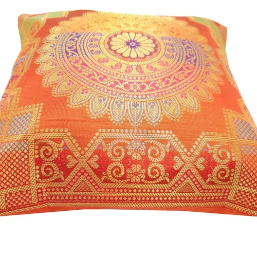 Copricuscino 12x12 Pollici Arancione Banarasi Mandala Tessuto Zari Broccato Seta - Foto 8 di 10