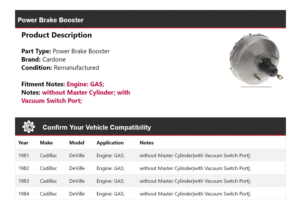 Para Cadillac DeVille 1981-1984 GAS Power Brake Booster Cardone 1982 1983 Foto 2 de 4