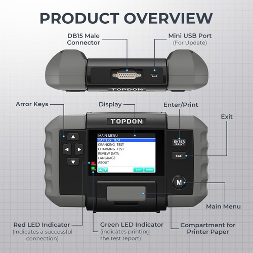 TOPDON Car Battery Tester & Printer 12V Cranking Charging Load Test Analyzer - Picture 10 of 12