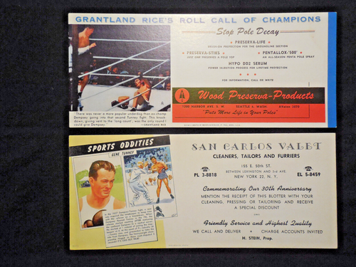 1950s boxing two Blotters Jack Dempsey - Gene Tunney fights Sports Oddities RARE
