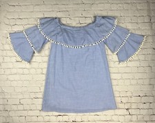 Forever 21 Dress Blue White Strips Strapless Bell Sleeves With Balls Size Small