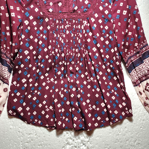 Lucky Brand Top Womens Small Burgundy Floral Embroidered Collar Long Sleeve - Picture 3 of 15