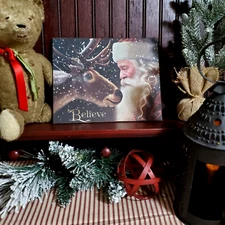 GORGEOUS OLD COLONIAL PRIMITIVE VINTAGE STYLE CHRISTMAS SANTA DEER PORTRAIT SIGN