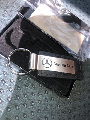 Mercedes Benz ''New'' Black Leather ~ Chrome With Black Laser Print Key / Ring