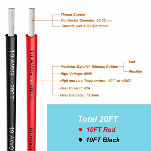 Electrical Wire 10 Gauge Stranded Silicone Hook Up Wire (10ft Red & 10ft Black) - Picture 2 of 4