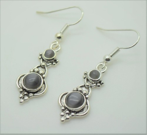 A106 Unique silver Plated black cat eye color Dangle Fish Hook Fashion Earring - Picture 2 of 2