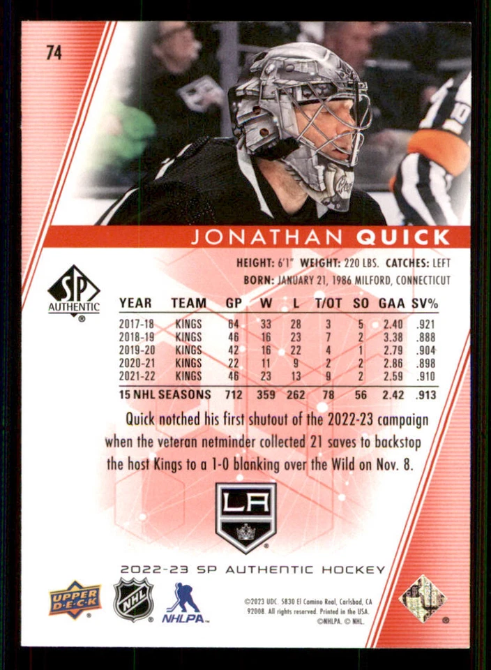 2022-23 SP Authentic Limited Red #74 Jonathan Quick - Image 2 of 2