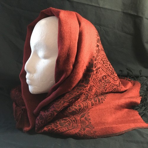 Red Black Paisley Head Scarf Wrap Shawl 28" x 64" Rectangle Tassel Fringe Ends - Picture 5 of 9