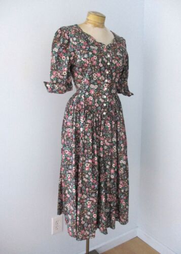 Vtg 80s Pink Black Floral Chintz Cottagecore Tea Dress Drop Waist 100% Cotton 11 - Picture 4 of 8