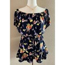 Peach Love California Romper Short Off Shoulder Ruffle Bird Print Medium