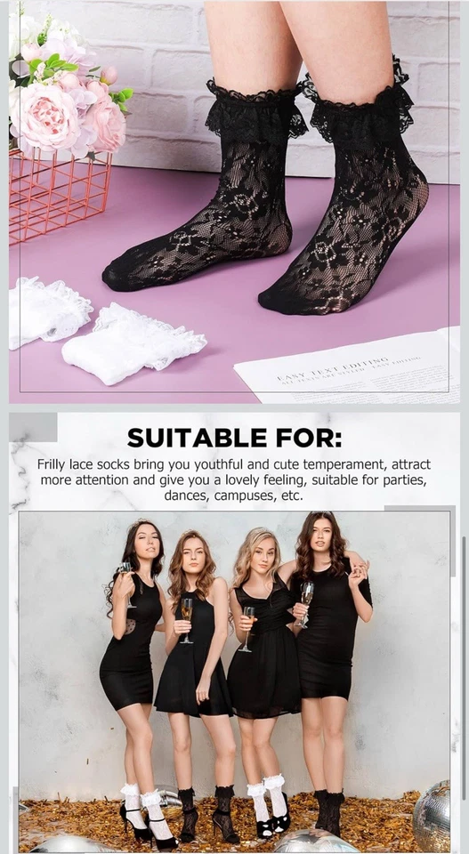 6 pares de calcetines de encaje con volantes calcetines de encaje para mujer con volantes al tobillo, malla blanca negra Foto 4 de 4