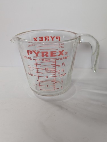 Vintage Pyrex 2 Tassen 1 PT 16 OZ 500 ML Glas MESSBECHER rote Buchstaben #516 J Griff