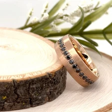 8mm Rose Gold Tungsten Christmas Gift Her Ring Brushed Black CZ Stone Inlay Ring