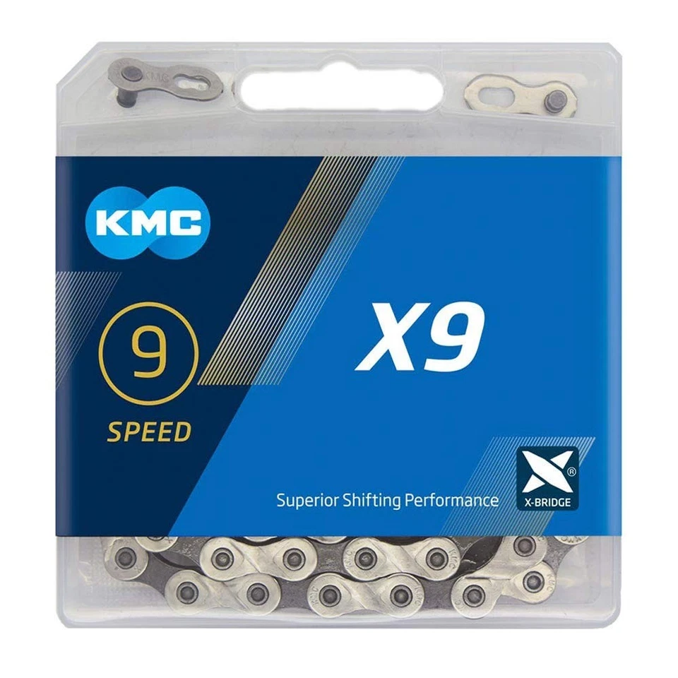 KMC X9 9-Speed Bicycle Chain 116 Links Gray/Silver with Missing Link