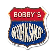 Bobby's Workshop Shield Shaped Sign Weather Resistant Crafted in the USA