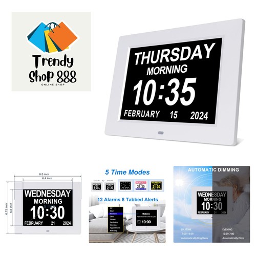 Large Digital Calendar Alarm Clock for Seniors - Auto-Dimming, Multilingual, 8" - Picture 1 of 9
