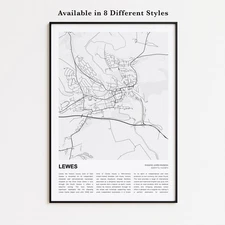 Lewes City Map Print, England Travel Poster, Modern Map, Wall Decor Art