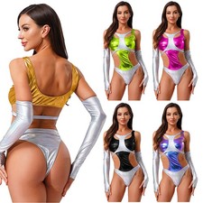 Women Bodysuit Space Themed Clubwear Hollow Out Jumpsuit Shiny Costume Disco