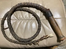 VINTAGE BRAIDED LEATHER BULL WHIP 67" WOODEN HANDLE