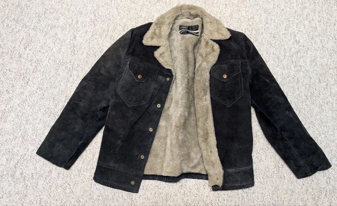1970s vintage COWHIDE split-suede WESTERN sherpa jacket 38 black TRUCKER cowboy - product detail image 3