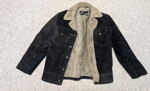 1970s vintage COWHIDE split-suede WESTERN sherpa jacket 38 black TRUCKER cowboy image 3