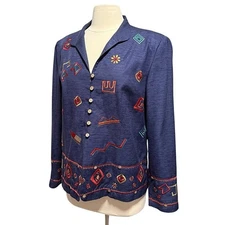 Norm Thompson Embroidered Navy Button Down Statement Jacket Size Large