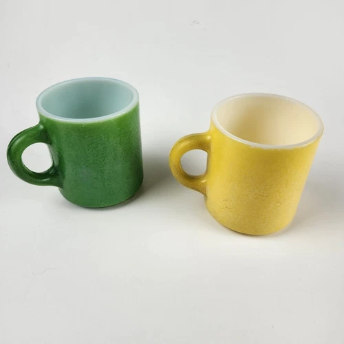 Hazel Atlas Milk Glass Set Of 2 Green & Yellow Mugs Orange Peel Texture Vtg