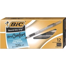 BIC® Round Stic Grip Xtra Comfort Ballpoint Pen, Black Ink, .8mm, Fine, Dozen
