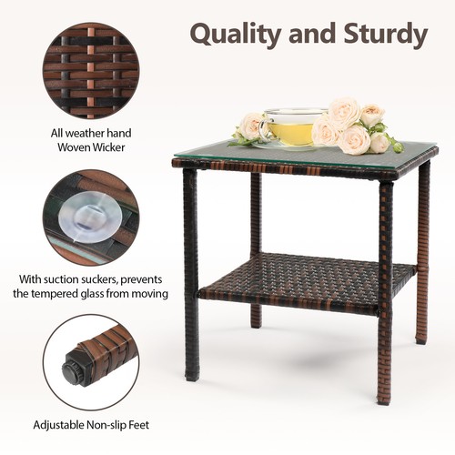 In/Outdoor 2 Tiers Patio Wicker 18 in Square End Glass Table Rattan Coffee Table - Picture 3 of 8