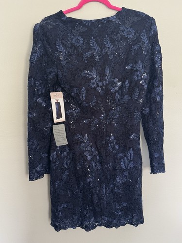 Neu mit Etikett Eliza J dunkelblau Spitze bestickt Kleid blau Damen 12 FEHLENDER ROCK - Bild 6 von 7