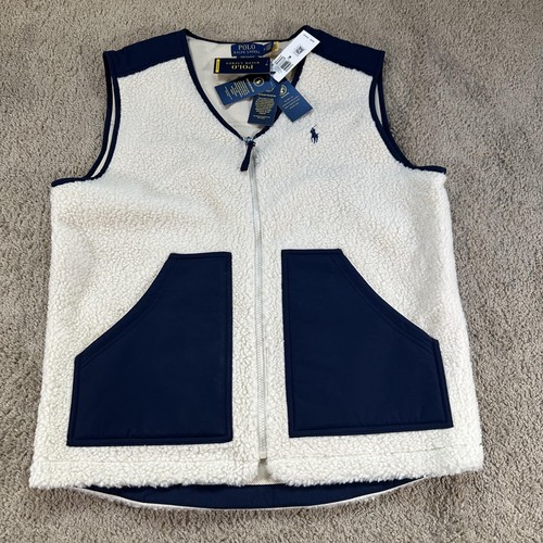 Polo Ralph Lauren Vest Mens Medium White Navy Fleece Sherpa Performance Zip - Picture 1 of 13