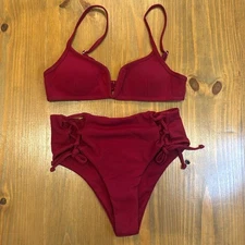 Zaful Crimson Red textured high waisted tie side Bikini 6-8 Medium  Large - NWOT