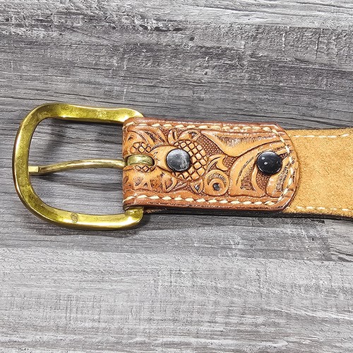 Vintage Western verzierter Ledergürtel Messing versilbert Schnalle Eichel Eichenblatt 34 USA - Bild 7 von 9