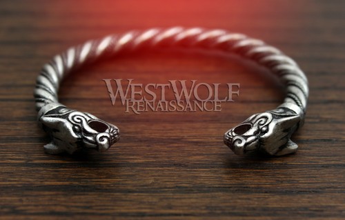 Silver Viking Fenrir Wolf Bracelet/Torc/Torque --- Norse/Medieval/Jewelry/Skyrim - Picture 2 of 5
