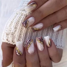 Gold Foil Blooming False Nail Short Square Press on Nails for Nails Art 24pcs