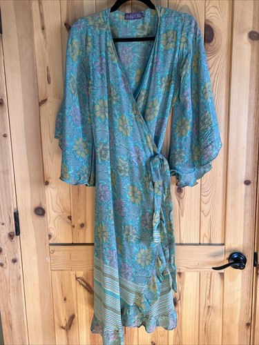 Indie Ella Silk Kimono Wrap Dress M/L Turquoise Floral Beach Boho Ruffle - Picture 2 of 12