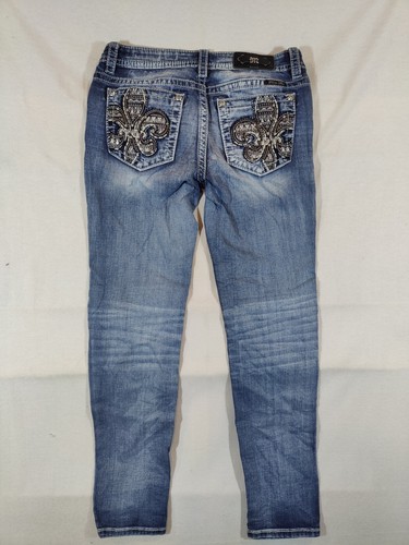 Miss Me Jeans Women's 29 Hailey Skinny Low Rise Fleur De Lis Denim Blue