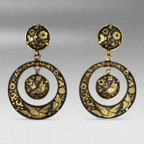 Vintage Damascene Gold Birds Acanthus Leaves Flowers Dangling Hoop Earrings 60's - 第 1/7 張圖片