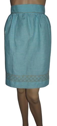 Vtg Half Apron Turquoise Blue White Gingham Check Print pockets tie back gold - Picture 2 of 7