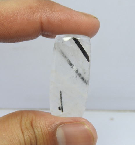 27.00 Cts Natural Black Rutile Quartz Jewelry Gemstone Cabochon Size 15x32x5 mm - Picture 2 of 8