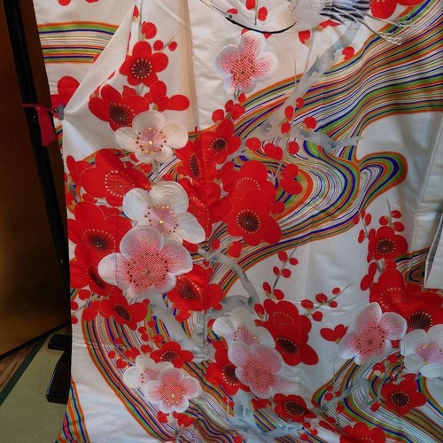 Iro-uchikake Kimono Japanese Traditional Wedding White Red Plum Crane used - Picture 2 of 5