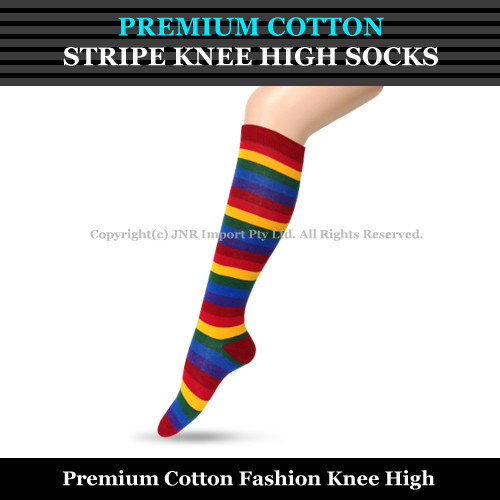 Premium Cotton Stripe Knee High Socks - Girls Ladies Cheerleader Womens Size 2-8 - Picture 20 of 33