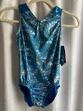 New GK Elite Blue Mystique Back Leotard  Gymnastics Leo AS Adult Small